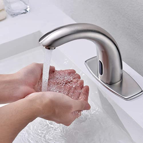 Fyeer Automatic Touchless Sensor Bathroom Faucet, Motion Activated Hands Free Kitchen Sink Tap with Hole Cover Deck Plate, Battery Operated, Brushed Nickel, Hot & Cold Mixer Control