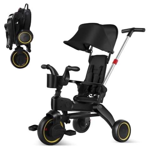 5-in-1 Compact, Foldable Tricycle - Suitable for Toddlers 10 to 36 Months Push Tricycle Bike for Toddlers with Removable Handle Seat Adjustable Canopy for Kids Cover