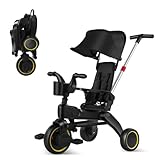 5-in-1 Compact, Foldable Tricycle - Suitable for Toddlers 10 to 36 Months Push Tricycle Bike for Toddlers with Removable Handle Seat Adjustable Canopy for Kids