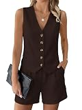 SimpleFun 2 Piece Sets for Women Linen Sleeveless Vest Shorts Set Coffee S