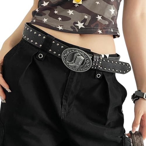 Vintage Carved Punk Styles Women's Belt Adjustable Cowgirl PU Leather with Studded Rivets for Casual Outfits