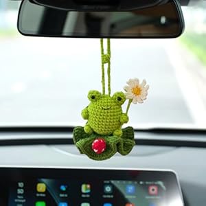 Handmade Frog with Daisy Ornament Hanging Crochet, Hand Knitted Car Charm, Car Rear View Hanging Accessories, Automotive Pendant Knitted Interior Decoration, Car Decor Gifts