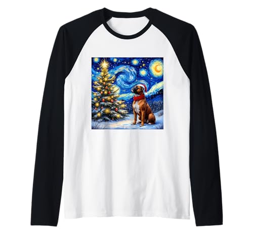 Boxer Starry Night Navidad Van Gogh Perro Santa Hat Holiday Camiseta Manga Raglan