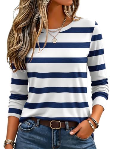 Zeagoo Womens Tshirt Long Sleeve Tops Srtiped Shirts Crewneck Fall Outfit