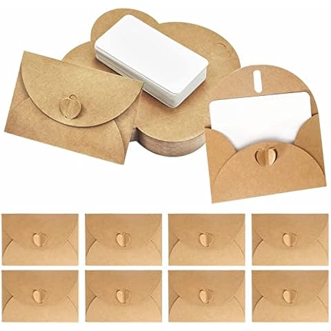 100 Kraft Paper Envelopes with 100 Blank Paper Cards, Mini Envelopes with Heart Closure for Gift Cards DIY Graffiti Cover