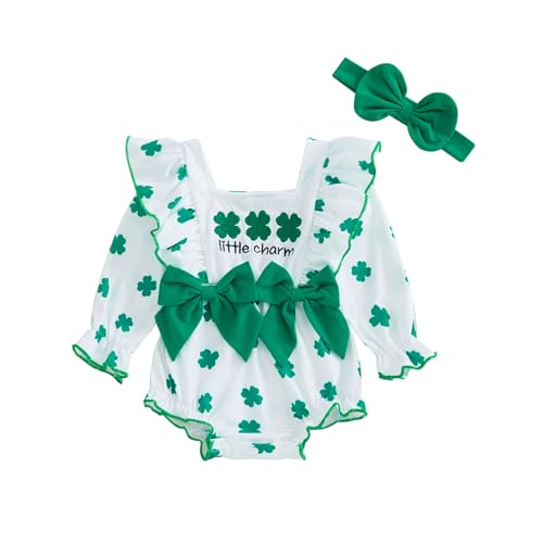 Dcohmch Baby Girls St Patricks Day Outfit Shamrock Print Bow Ruffles Long Sleeve Romper Cute Headband Newborn Clothes