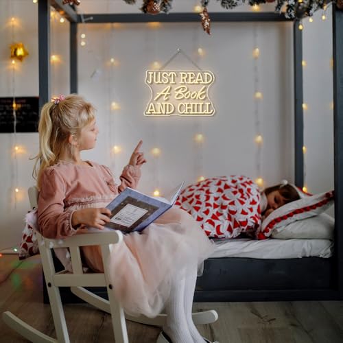 Image of Just Read a Book and Chill White LED Neon Lights Wall Decor LED Sign with Dimmable Switch Neon Light Up Sign for Classroom Bookstore Library Study Room Reading Party