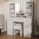 Dressing Table with Mirror and Adjustable LED Lights, 39.5" W Large Vanity Desk with 7 Large Drawers, 4 Open Shelves and Stool, Bedroom Vanity Set with Hidden Storage Shelves, White 100x140x40 cm - Image 1