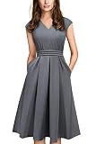 quiz vestidos largos Características: manga de la tapa, cuello en V, color sólido, con bolsillo, retro, plisado, acampanado, hasta la rodilla, cremallera invisible en la espalda