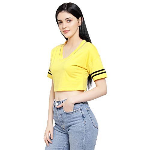Image of LE BOURGEOIS Women Solid Loose Fit Desiger V-Neck Short Sleeve Dance Party Casul Crop Top