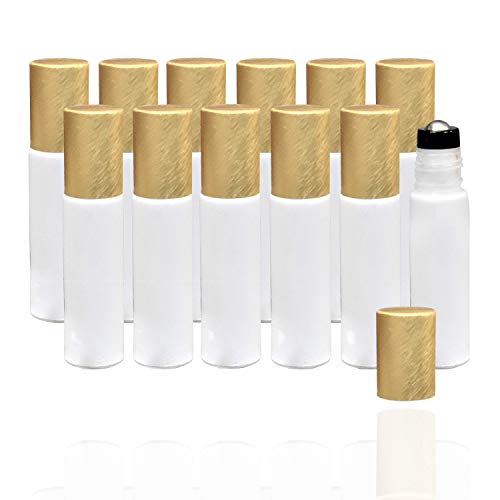 12-Pack 10ml White Glass Roller Bottles with Brushed Gold Leakproof Caps – Refillable Roll-On Bottles with Updated Roller Insert for Essential Oils, Serums, Perfumes, and DIY Aromatherapy