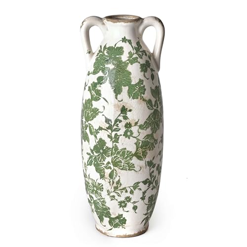 VICTOR & TERESA Green White Floor Vase for Pampas Grass, 14'' Tall Vase for Home Decor, Ceramic Farmhouse Decorative Large Vases for Flower, Mantel, Living Room, Shelf, Centerpieces, Gift for Mom