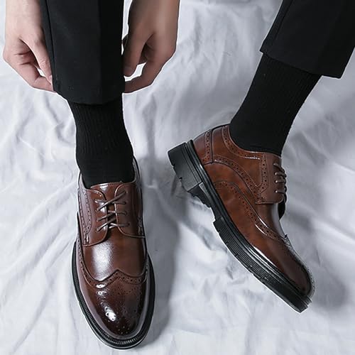 Image of Men's Wingtip Fashion Modern Leather Oxford,Black Business Casual Platform Dress Shoes for Men,Comfortable Retro Lace Up Tuxedo Shoes