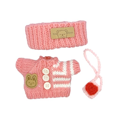 3Pcs Handcrafted Crochet Doll Clothes for labubu - Compatible with 6.7inch 17cm Dolls Only, Premium Dolls Outfit with Accessories, Hand Crocheted Hat, Sweaters, Bag (Pink Sweater Set) — view 4