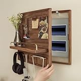 Wooden Wall-Mounted Electl Panel Cover with Shelf & Hooks - Stylish Breaker Box Cabinet for Living Room & Office, Flip-Up Meter Switch Box, Decorative Fuse Box (Horizontal Layout 20x16)