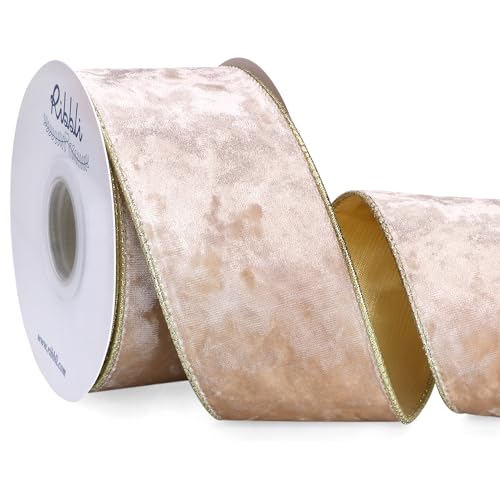 Image of Ribbli Champagne Velvet Wired Ribbon 2.5 Inch Metallic Champagne Gold Crushed Velvet Christmas Ribbon for Gift Wrapping Christmas Tree Decoration Crafts Wreaths Supplies-Continuous 10 Yards