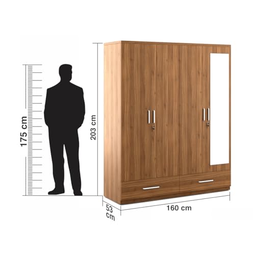 Image of Spacewood Linden Wardrobe | 3 Year Warranty | Almirah, Cupboard, Almari, 4 Door Wardrobe with Mirror, 3 Drawer (1 Lock Drawer) and 2 Hanging Space & 1 Internal Locker |Engineered Wood| Natural Teak
