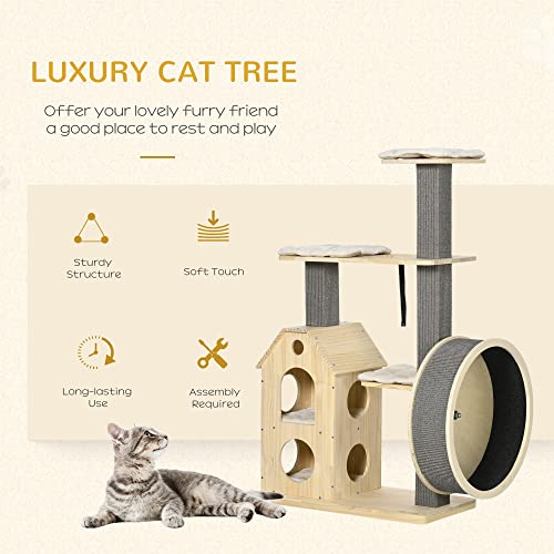Pawhut 53" Modern Cat Tree With Scratching Posts & Wheel, With Double-Layer Cushioned House, Small Cat Tower For Indoor Cat Furniture, Climbing Wooden Cat Tree #TOP4