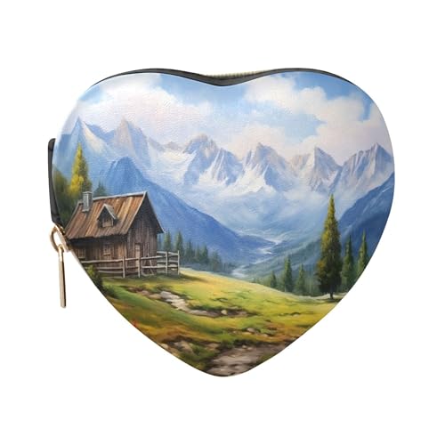 Qilmy Wooden Cabin Mountain Heart-Shaped Jewelry Box, PU Leather Travel Jewelry Organizer with Ring Slots & Necklace Hooks, Portable Jewelry Case for Women