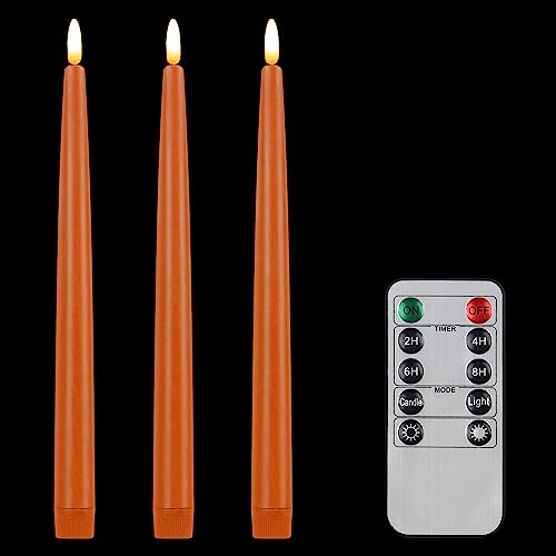 Image of CVHOMEDECO. Flameless Taper Candles with 10-Key Remote, Battery Operated Led Flickering 3D Wick Window Candles Real Wax Finished Home Christmas Party Decor 0.78 x 11 Inch, Pack of 3, Orange