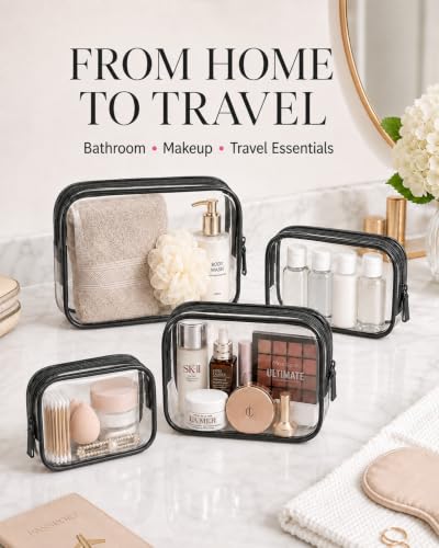 Image of LETGO Clear Makeup Bag,Portable Travel Toiletry Bags with Zipper,TSA Approved Clear Organizer Bags,PVC Cosmetic Pouch for Airport Airline CompliantCompliant (Black, Pack of 4)