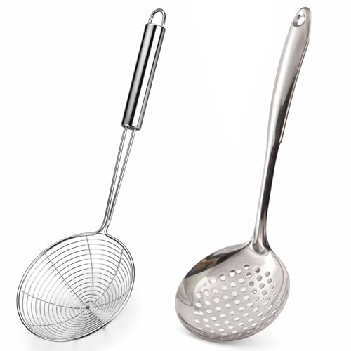 Schaumlöffel Set 2-teilig Edelstahl Schaumkelle und Abseihlöffel Professionelle Küchenutensilien für Braten Backen Kochen Langlebige Kochlöffel mit Ergonomischem Griff