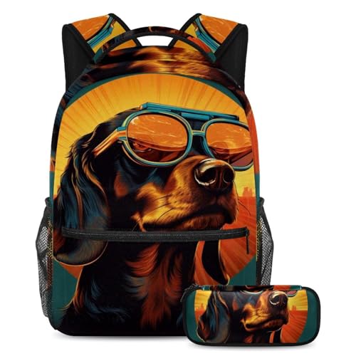 Sac d'école rétro Cool Dog 35 grand format avec trousse au motif original
