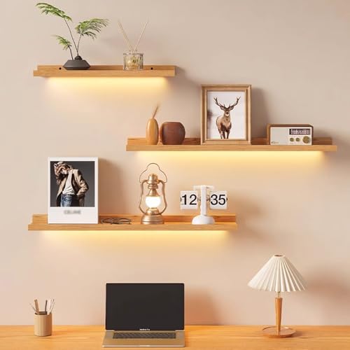 Étagère flottante à plusieurs niveaux en bois suspendue avec éclairage LED étagère métal murale