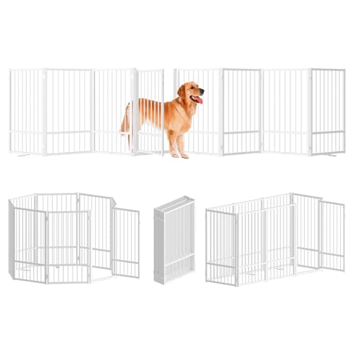 SNUOWU Full Metal Freestanding Dog Gate with Door, 36''Height Foldable Pet Dog Fence for Indoor & Outdoor, 8 Panels Extra Wide Free Standing TallDog Gates for Doorways,House,Stairs,Porch,Deck,Yard