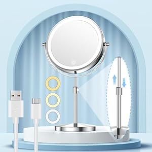 Gospire 8.5″ Lighted Makeup Mirror with Magnification, Adjustable Brightness & Height, 3 Light Colors, 360° Rotation, 10X Magnifying Mirror with Light, LED Vanity Mirror for Women – Chrome