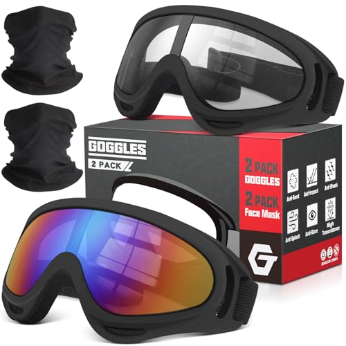 OXG 2 Pack Motorcycle Goggles with 2 Neck Gaiters, UV400 Protection Dirt Bike ATV Skiing Goggles (Clear+Multicolor)
