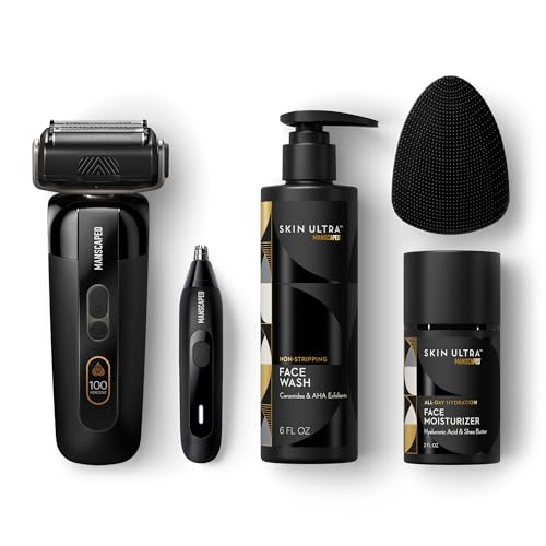 MANSCAPED Face Box Includes - The Chairman PRO Mens Foil Shaver Weed Whacker 3.0 Plus Nose & Ear Hair Trimmer Face Buffer Silicone Scrubber Facial Wash & Moisturizer