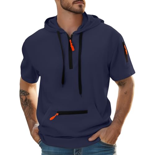 Wmmner Felpe con Cappuccio da Uomo con Zip a 1/4, Tattiche con Cappuccio e Tasche, Magliette Cargo, Maglie a Maniche Corte in Tinta Unita, Felpe/Felpa con Cappuccio e Zip a un Quarto da Uomo Blu Navy/