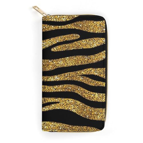 Women's Cute Decor Wallet, Long PU Zipper Wallet, Travel Purse Fashion Design, Huge Storage Capacity Purse Gold Glitter Animal Skin Tiger Stripes Print