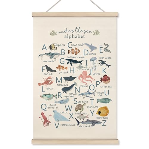 Image of HRQKO Ocean Alphabet Poster Hanger Frame, ABC Poster Wall Art with Wooden Frames, Alphabet Banner Wall Hanging Decor for Classroom Boys Playroom, 16x24 Inch