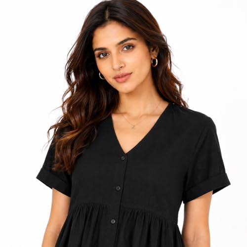 Image of Women's Black Button-Front Peplum Top - Short Sleeve V-Neck Casual Blouse, Lightweight Rayon Cotton, Everyday Wear, Summer & Work Outfit