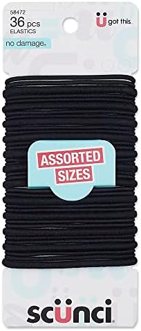 Scunci by Conair No Damage Assorted Sizes Elastics, for Women and Men, Elastic Hair Ties with No Damage in Black, 36 Pack