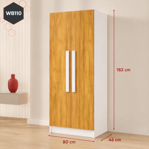 Image of Bniture 2 Door Wardrobe for Bedroom | Almirah for Clothes with 4 Shelves | Spacious Storage Cupboard for Bedroom | Wooden Wardrobe (46D x 80W x 182H CM) | 3 Years Warranty | Frosty White & Giant Wood