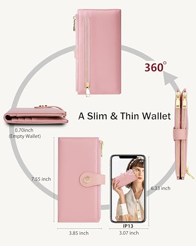 Image of Pink Women's Slim Wallet,Thin RFID Card Holder with Zipper Pocket | 12 Slot Wallet Organizer, Large Capacity, Vegan Leather, Coin Purse, Cash Compartment, Travel Wallet, Women Gift