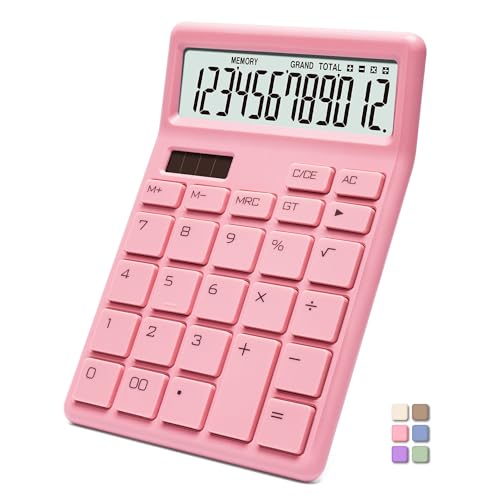 Standard Calculator 12 Digit,Pink Desktop Dual Power Battery and Solar,Desk Calculators with Large LCD Display,Perfect for Home, Office,and School Use,Auto Sleep