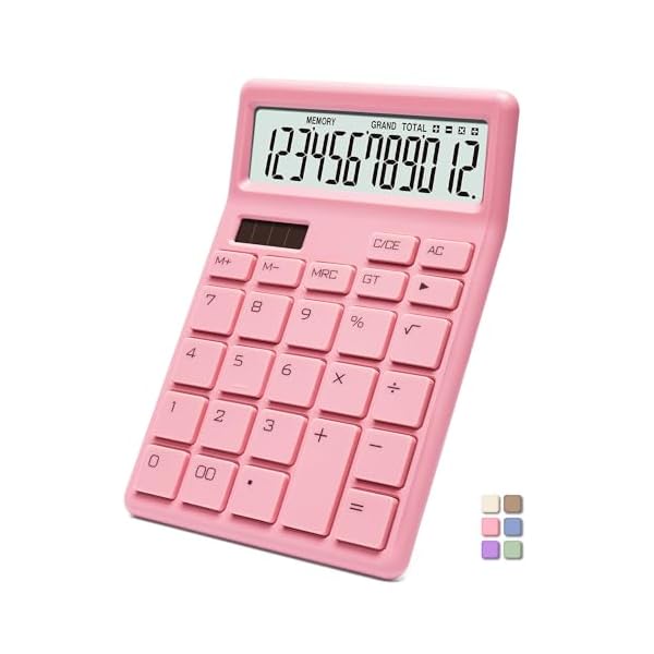 Standard Calculator 12 Digit,Pink Desktop Dual Power Battery and Solar,Desk Calculators with Large LCD Display,Perfect for Home, Office,and School Use,Auto Sleep