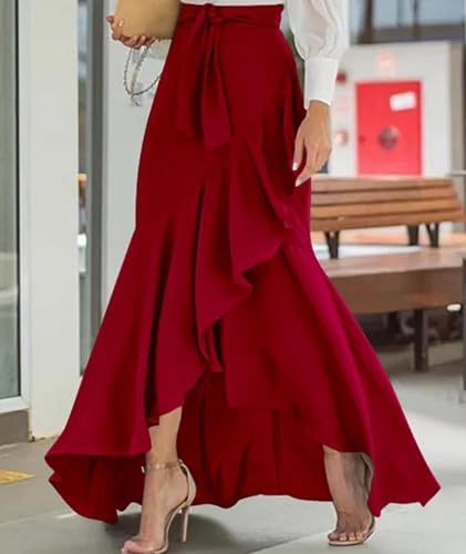 SEMATOMALA Women's Casual Plaid Mermaid Maxi Skirt A Line Irregular Ruffle Hem Fishtail Long Skirt Spring Summer2