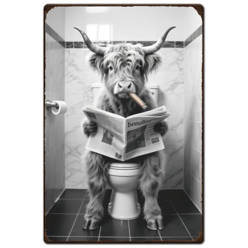 SUPERDANT Blechschild Toiletten Blechschilder Retro West Highland Kuh Mit Zeitung Blechschilder Wanddekoration Rechteckig Lustige Metallschilder Für Toilette Badezimmer Waschraum Zuhause