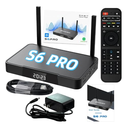 S6 PRO streaming media player with remote control, user guide, power adapter, and cables, showcasing high-tech features for enhanced entertainment experiences.