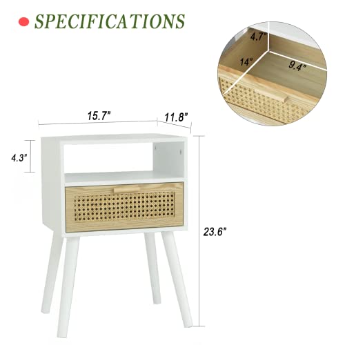 MaxSmeo White Nightstand with Drawer, Mid Century Modern Nightstand, Rattan Side Table, End Table with Storage for Living Room, Bedroom and Small Spaces, Easy Assembly (White) - Image 4