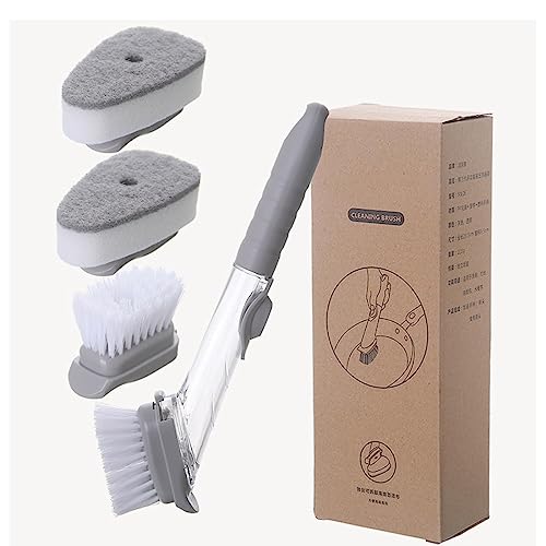 Multi-functional Long-Handle Liquid-Filled Cleaning Brush, Soap Dispensing Dish Brush with 4 Replaceable Heads, Sponge with Soap