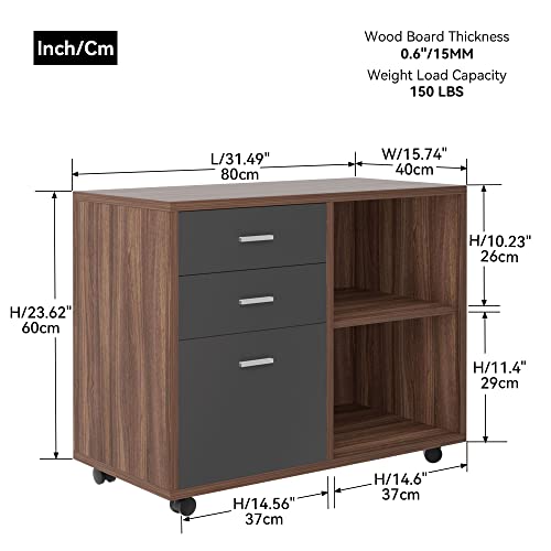 Kevinspace 3 Drawer Office File Cabinet, Wood Mobile Lateral Filing Cabinet Printer Stand With Open Storage Shelf, Rolling File Cabinet On Wheels For Home Office, Walnut&Dark Grey #TOP7