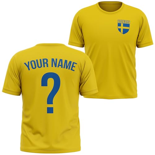 Image of Personalised Sweden Sverige Kids T Shirt - Team Badge Custom Name Number Tee - Boys Girls Footie Top, 5-6 Years, Yellow