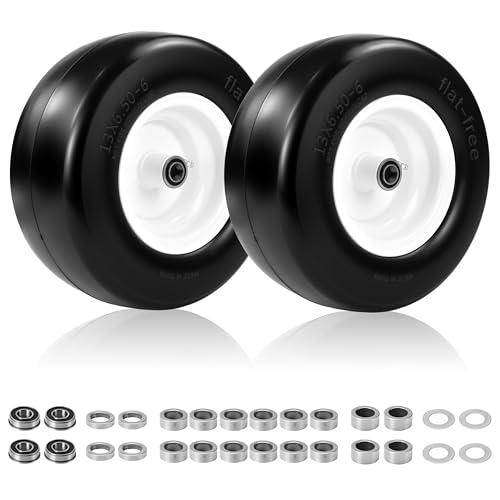 2 Pcs Thick and Wide13x6.50-6 Flat Free Lawn Mower Tire and Wheel with Rim, Universal 3/4" 5/8" Bearing,4.05"-8.25" Centered Hub, Front Zero-Turn Smooth Tire Replacement for Riding Lawn Mowers-White
