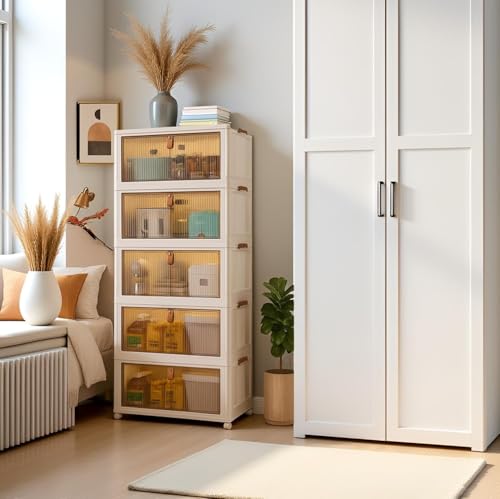 Image of Sunderlook Plastic Wardrobe for Kids Clothes - Standing Desk Premium Comfort Foldable Collapsible Wardrobes for Clothes, Large Plastic Cupboard for Kids, Men and Women (Bright White, 5 Door)